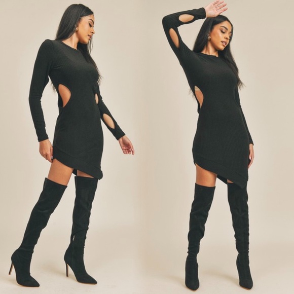 Black knit ribbed sweater dress - Picture 1 of 10
